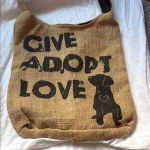 Give Adopt Love burlap shoulder bag.